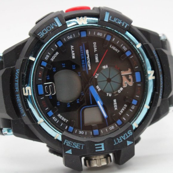 SAMOA Digital Watch Men Black & Blue Sports Outdoor Waterproof Black Rubber Band - Picture 6 of 8